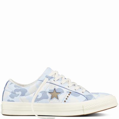 Converse One Star Nubuck Gold Camo Low Tops Womens - Blue/Light Gold Shoes (393NFRXD)